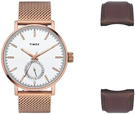 ساعت مچی آنالوگ مردانه TIMEX با صفحه گرد سفید و بند دستبند استیل رزگلد مقاوم در برابر آب - TWEG20002