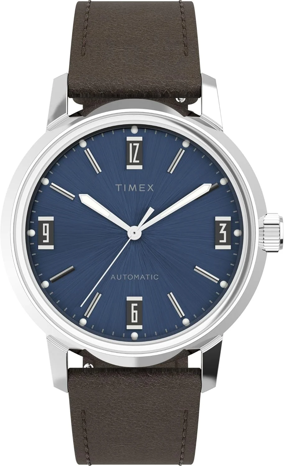 ساعت مچی مردانه اتوماتیک مکانیکی TIMEX Marlin با صفحه گرد آبی و بند چرمی قهوه ای مقاوم در برابر آب - TW2V44500U9