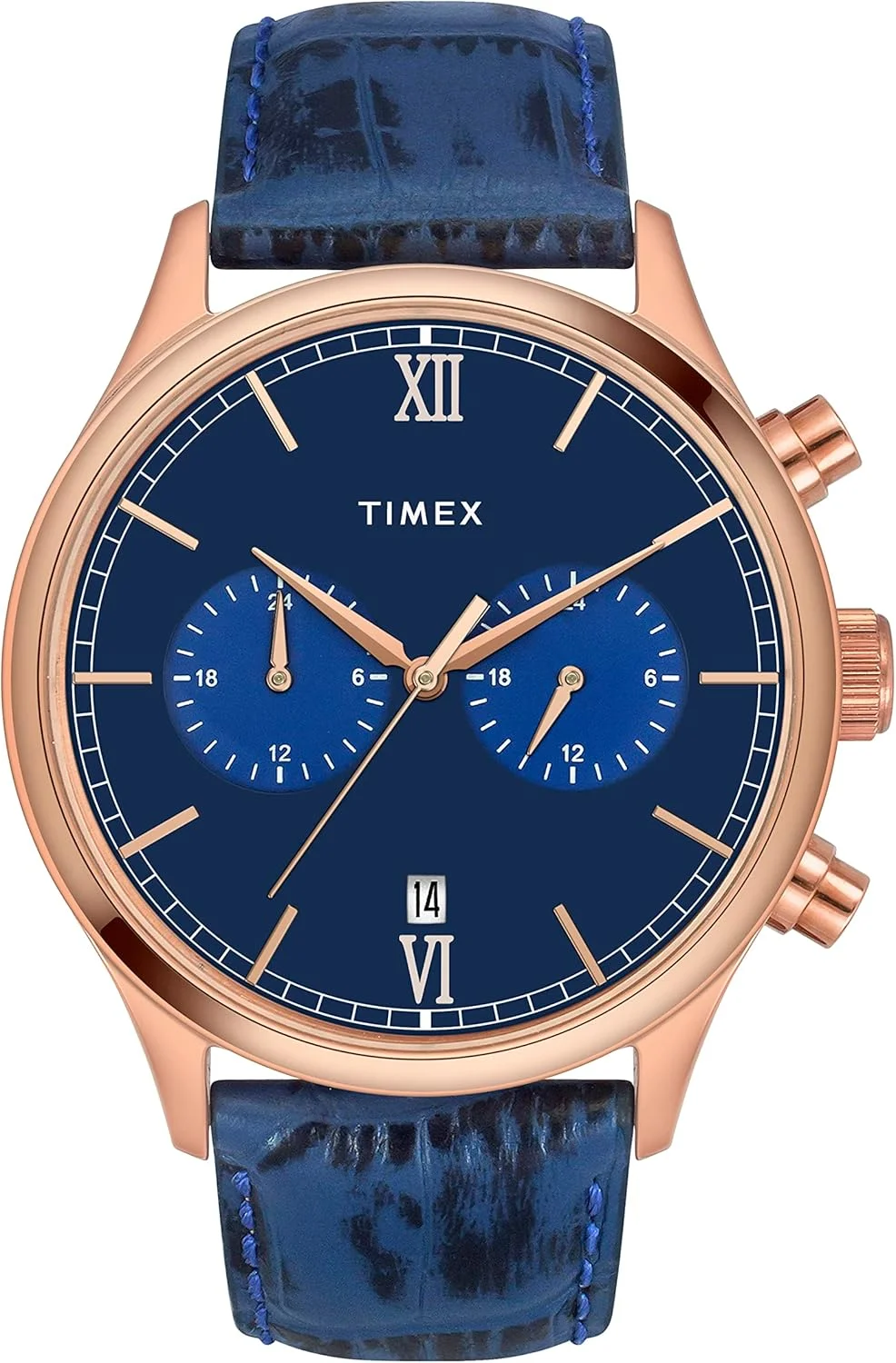 ساعت مچی آنالوگ مردانه TIMEX با صفحه گرد آبی و بند چرمی آبی مقاوم در برابر آب - TWEG19807