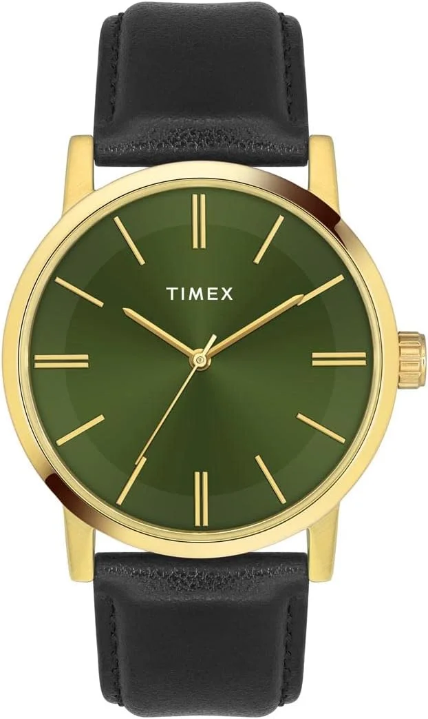 ساعت مچی آنالوگ مردانه TIMEX با صفحه گرد سبز و بند چرمی مشکی مقاوم در برابر آب - TWHG35SMU02