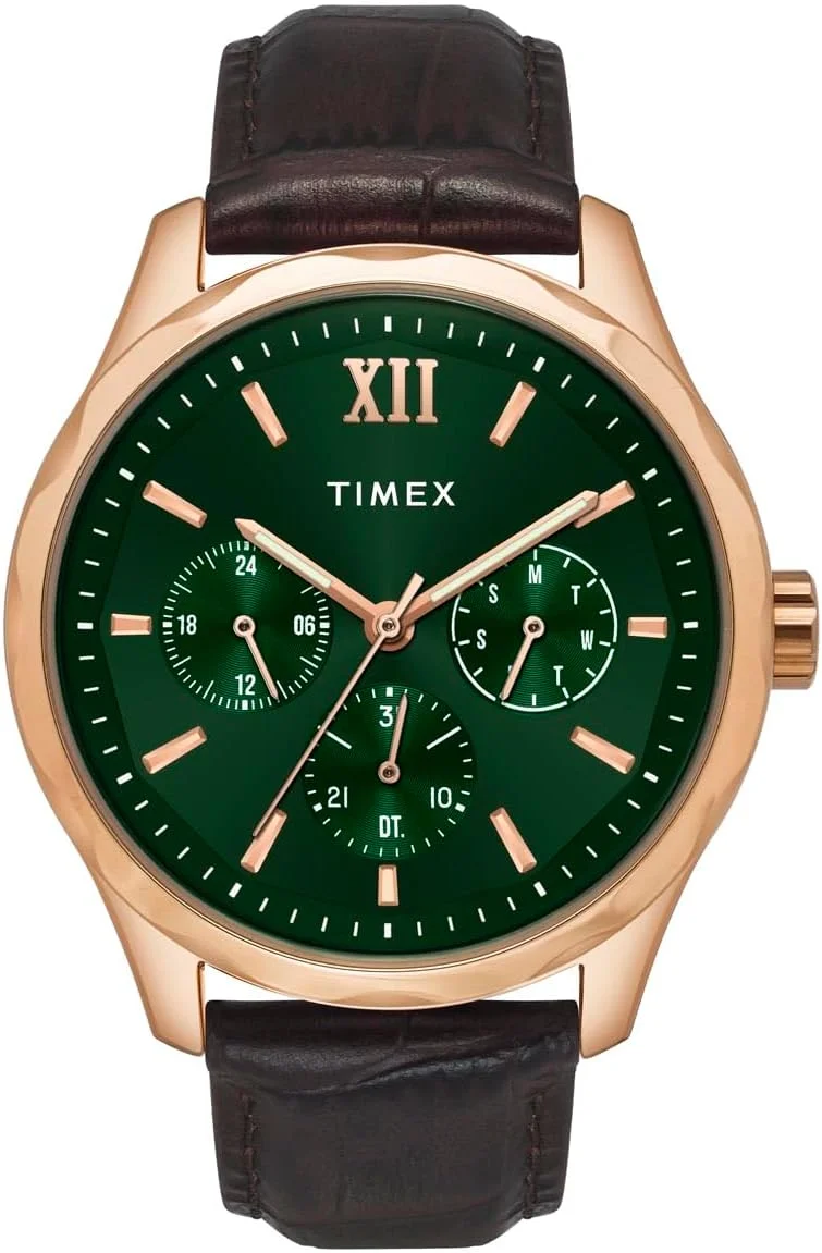 ساعت مچی آنالوگ مردانه TIMEX با صفحه گرد سبز و بند چرمی قهوه ای مقاوم در برابر آب - TW0TG7634