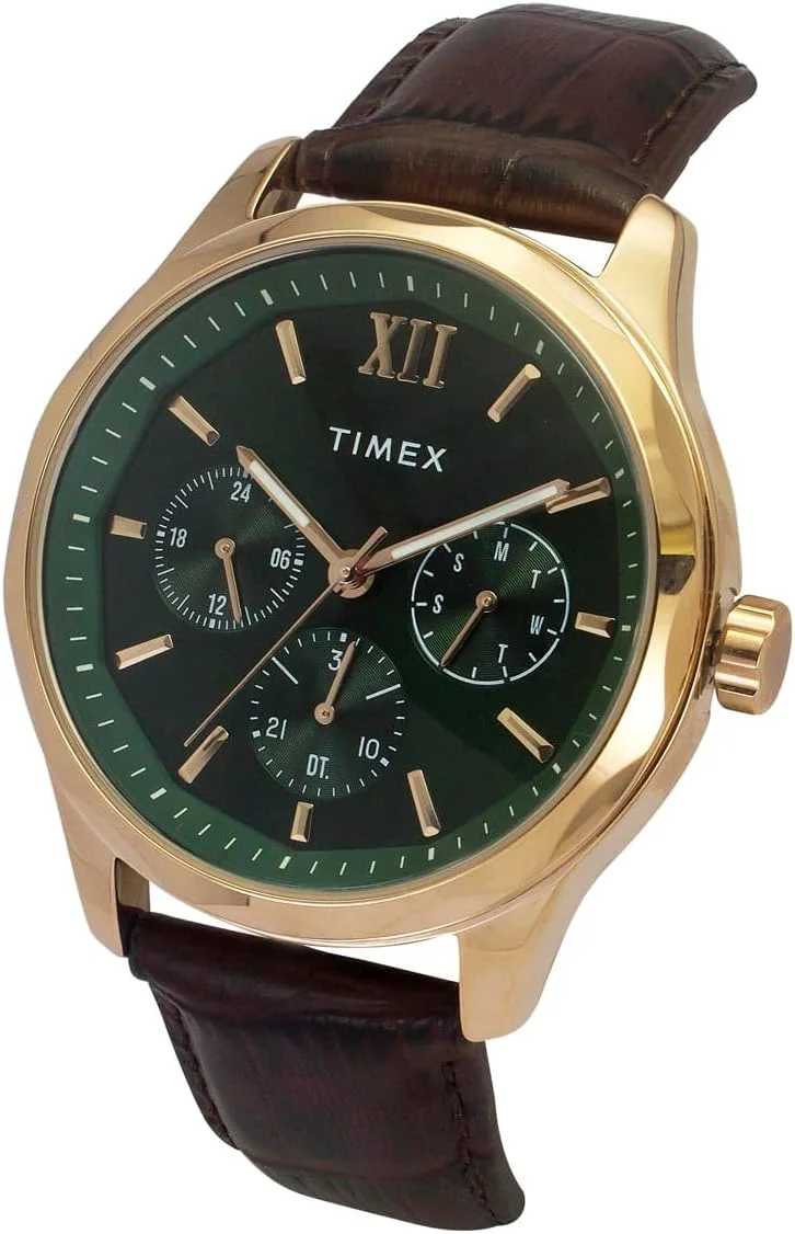 ساعت مچی آنالوگ مردانه TIMEX با صفحه گرد سبز و بند چرمی قهوه ای مقاوم در برابر آب - TW0TG7634