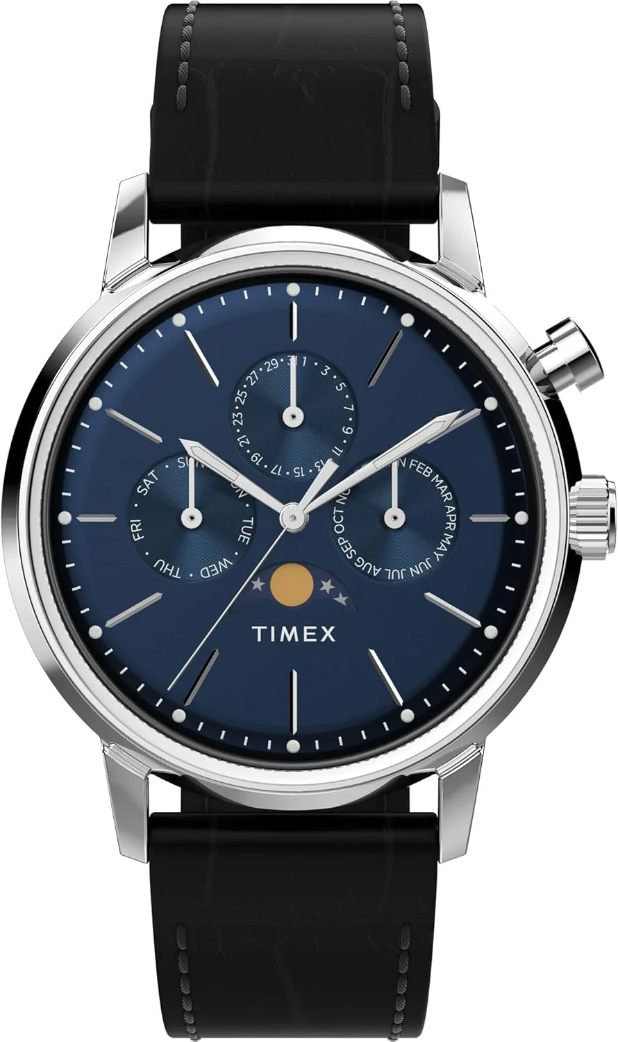 ساعت مچی آنالوگ مردانه TIMEX Marlin با صفحه گرد آبی و بند چرمی مشکی مقاوم در برابر آب - TW2W51200UJ
