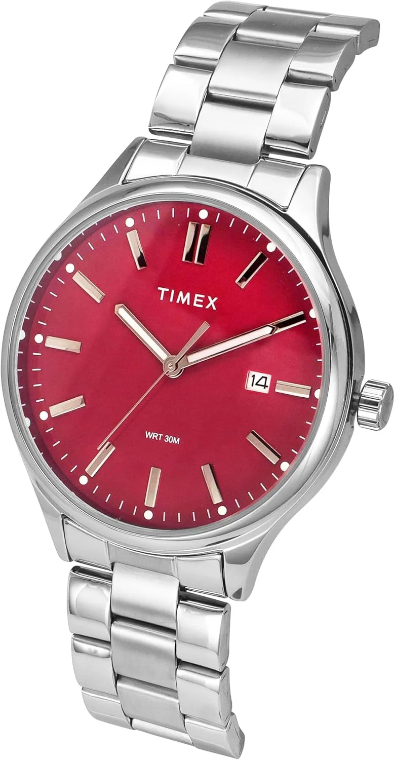 ساعت مچی آنالوگ مردانه تایمکس با صفحه گرد قرمز و بند استیل نقره ای ضد آب - TWEG18431
