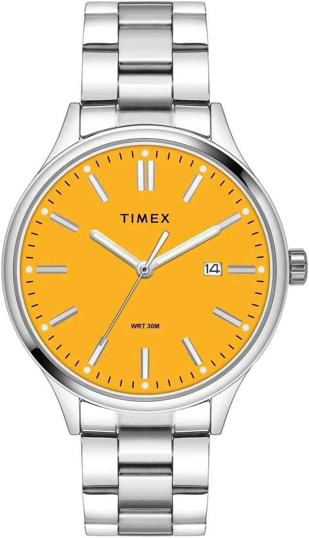 ساعت مچی آنالوگ مردانه TIMEX با صفحه گرد زرد و بند استیل ضد زنگ نقره ای مقاوم در برابر آب - TWEG18428