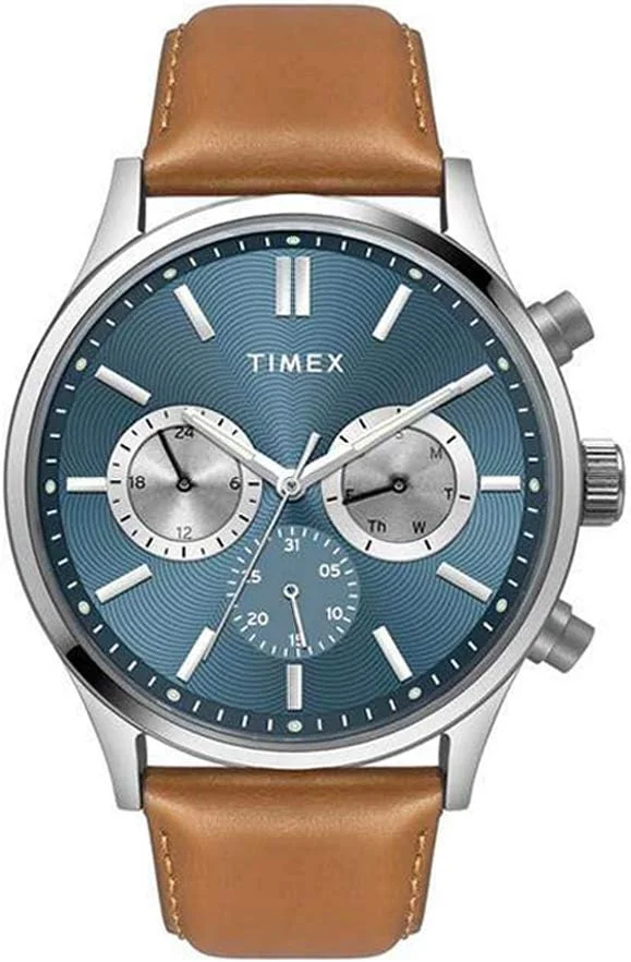 ساعت مچی آنالوگ مردانه TIMEX با صفحه گرد آبی و بند چرمی قهوه ای روشن مقاوم در برابر آب - TWEG19601