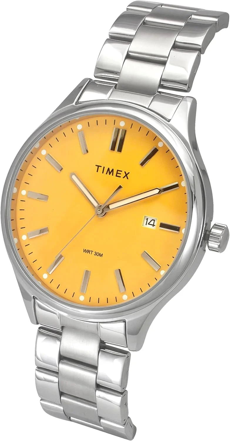ساعت مچی آنالوگ مردانه TIMEX با صفحه گرد زرد و بند استیل ضد زنگ نقره ای مقاوم در برابر آب - TWEG18428