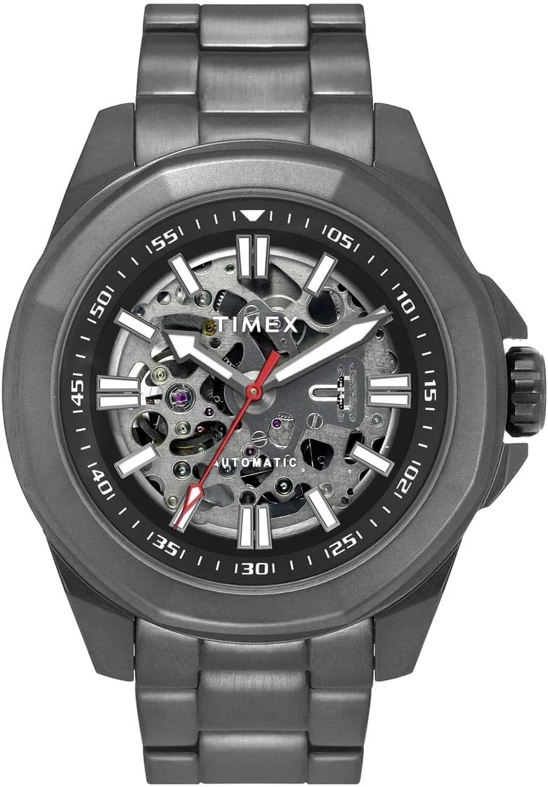 ساعت آنالوگ مردانه TIMEX با صفحه گرد مشکی و بند دستبند استیل ضد زنگ خاکستری تفنگی مقاوم در برابر آب - TWEG24103