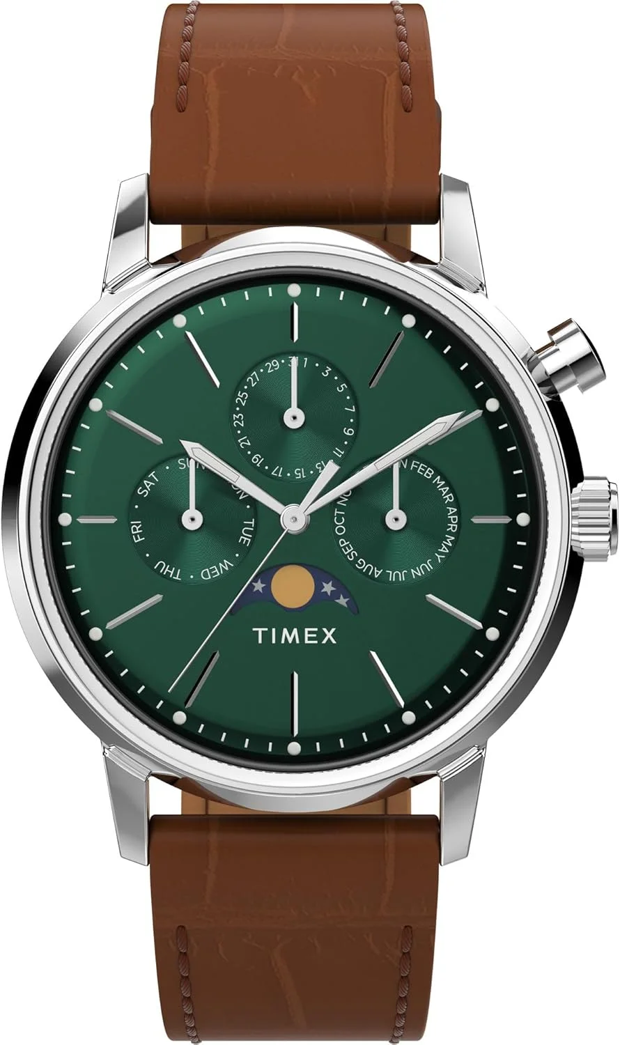 ساعت آنالوگ مردانه TIMEX Marlin با صفحه گرد سبز و بند چرمی قهوه ای مقاوم در برابر آب - TW2W51000UJ