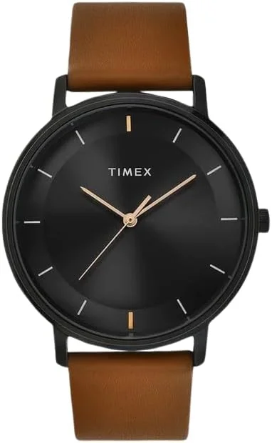 ساعت مچی آنالوگ مردانه TIMEX Classics با صفحه گرد مشکی و بند چرمی قهوه‌ای، مقاوم در برابر آب - TW0TG8016