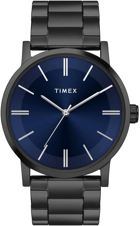 ساعت مچی آنالوگ مردانه TIMEX با صفحه گرد و مقاوم در برابر آب، بند مشکی و صفحه آبی، کلاسیک