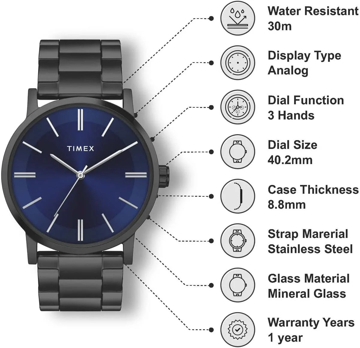 ساعت مچی آنالوگ مردانه TIMEX با صفحه گرد و مقاوم در برابر آب، بند مشکی و صفحه آبی، کلاسیک