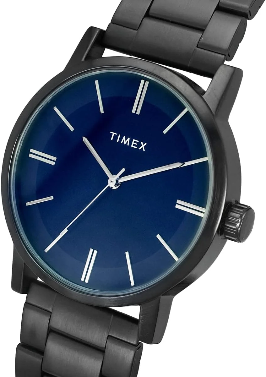 ساعت مچی آنالوگ مردانه TIMEX با صفحه گرد و مقاوم در برابر آب، بند مشکی و صفحه آبی، کلاسیک