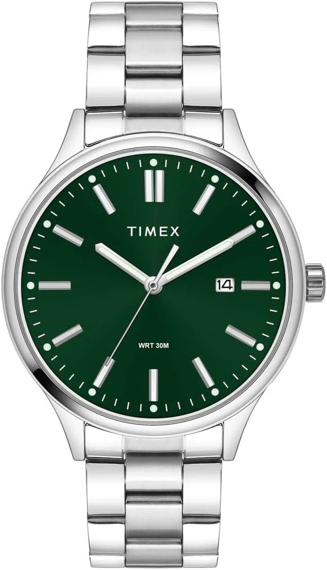 ساعت مچی آنالوگ مردانه TIMEX با صفحه گرد سبز و بند استیل ضد زنگ نقره ای مقاوم در برابر آب - TWEG18432