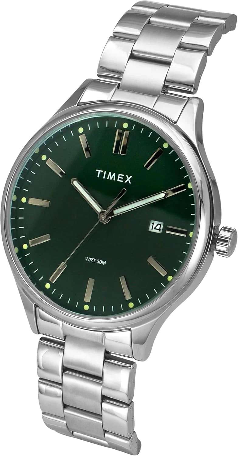 ساعت مچی آنالوگ مردانه TIMEX با صفحه گرد سبز و بند استیل ضد زنگ نقره ای مقاوم در برابر آب - TWEG18432
