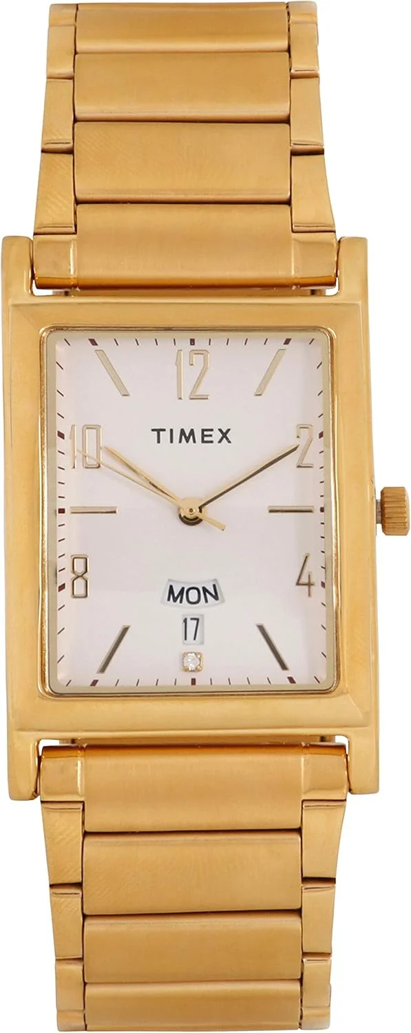 ساعت مچی آنالوگ مردانه TIMEX Classics با صفحه مستطیلی سفید و بند دستبندی استیل ضد زنگ طلایی مقاوم در برابر آب - TW000L517
