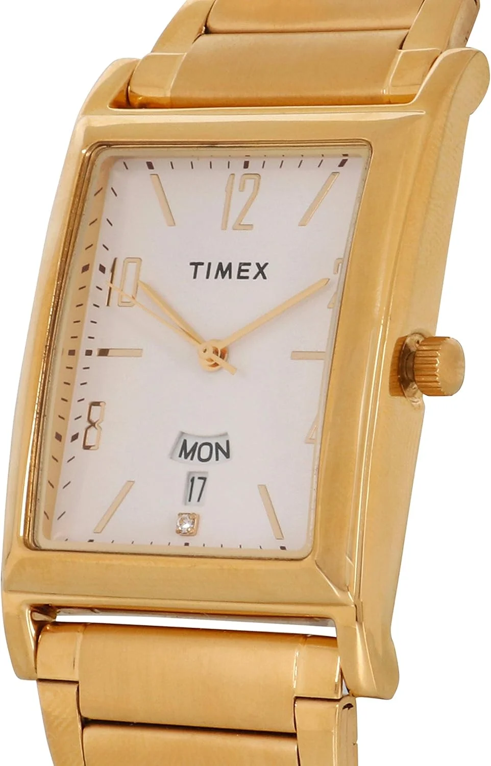 ساعت مچی آنالوگ مردانه TIMEX Classics با صفحه مستطیلی سفید و بند دستبندی استیل ضد زنگ طلایی مقاوم در برابر آب - TW000L517