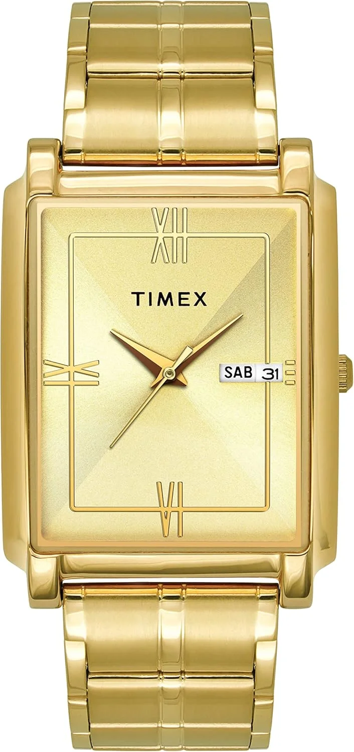 ساعت مچی آنالوگ مردانه TIMEX Classics با صفحه مستطیلی شامپاین و بند دستبندی استیل ضد زنگ طلایی مقاوم در برابر آب - TW000W910