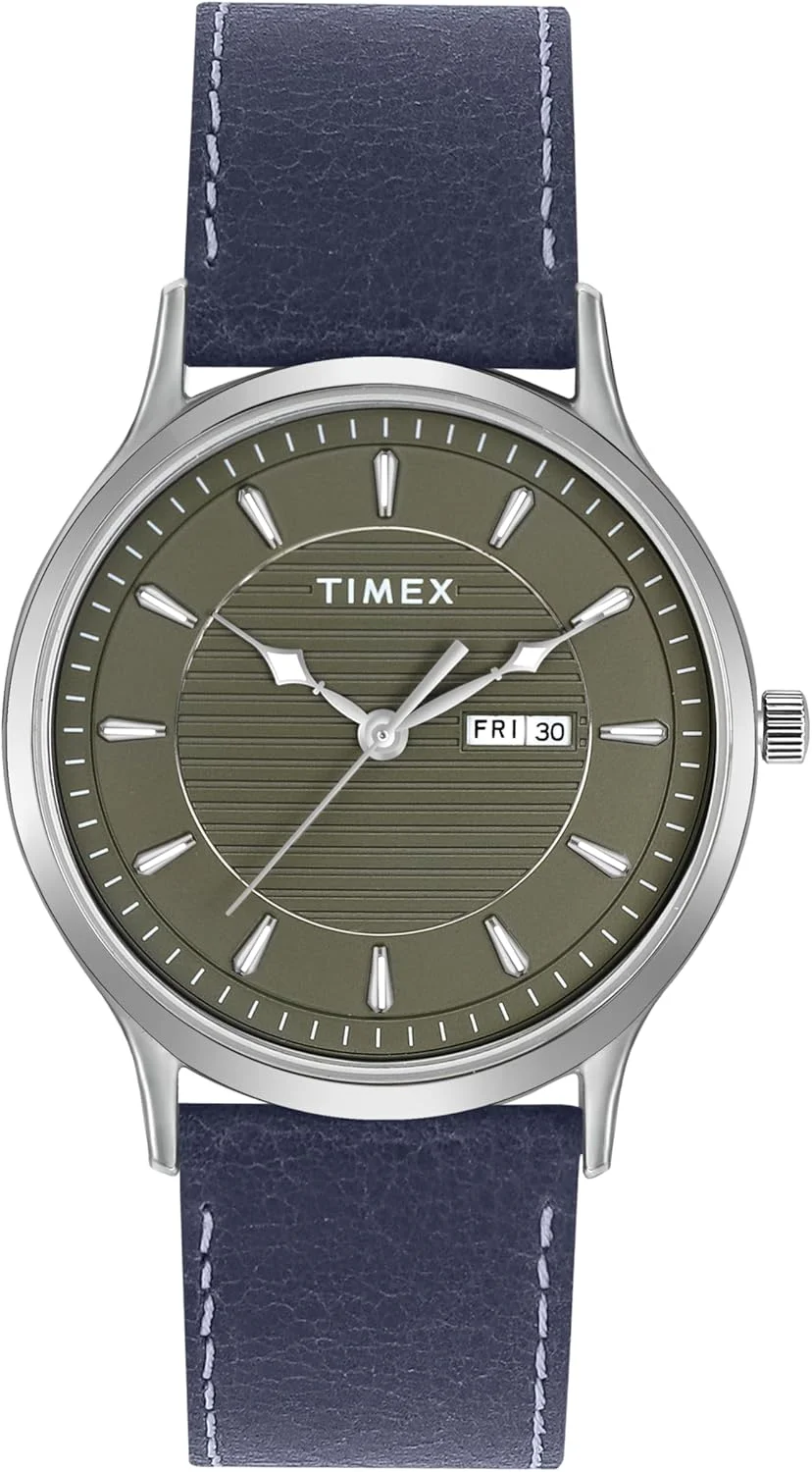 ساعت مچی آنالوگ مردانه TIMEX Classics با صفحه گرد سبز و بند چرمی آبی ضد آب - TWTG10504