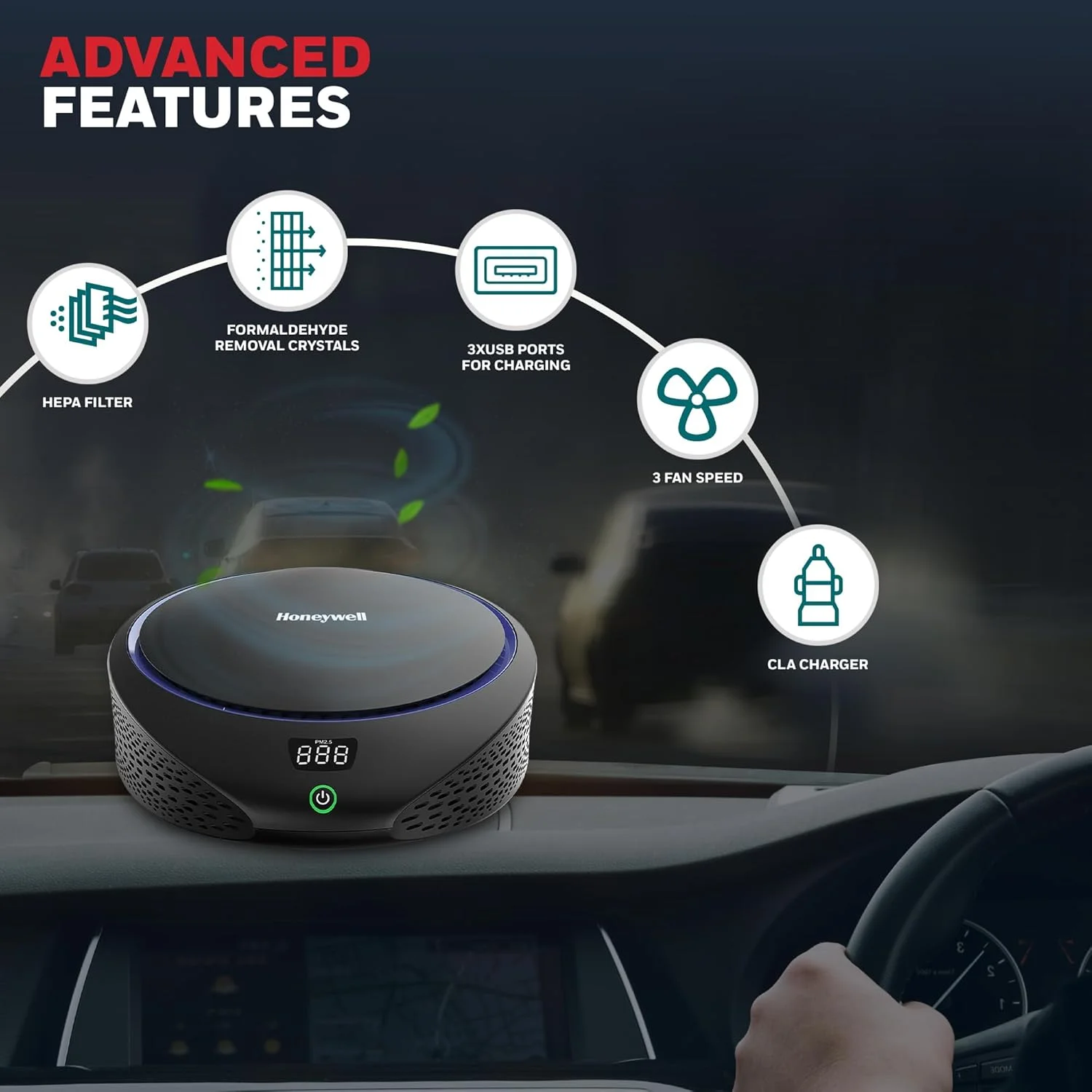 دستگاه تصفیه هوای خودرو Honeywell Move Pure5، فیلتراسیون 4 در 1، فیلتر HEPA، حذف 99.99% ذرات PM2.5 و PM10، بو، VOC، گرد و غبار، دود و باکتری های مضر، 3 پورت USB، نصب آسان و جمع و جور دستگاه تصفیه هوای خودرو Honeywell Move Pure5، فیلتراسیون 4 در 1، فیلتر HEPA، حذف 99.99% ذرات PM2.5 و PM10، بو، VOC، گرد و غبار، دود و باکتری های مضر، 3 پورت USB، نصب آسان و جمع و جور