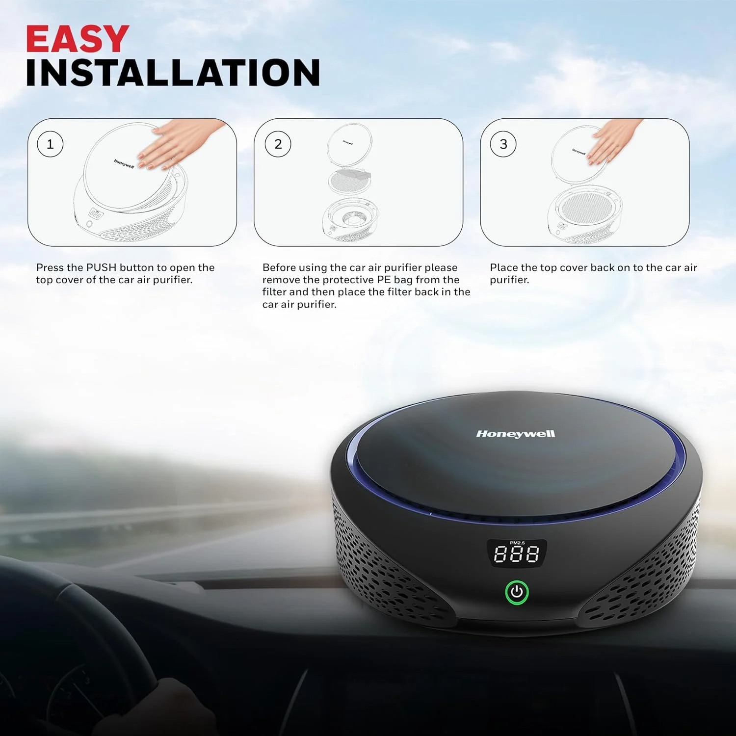 دستگاه تصفیه هوای خودرو Honeywell Move Pure5، فیلتراسیون 4 در 1، فیلتر HEPA، حذف 99.99% ذرات PM2.5 و PM10، بو، VOC، گرد و غبار، دود و باکتری های مضر، 3 پورت USB، نصب آسان و جمع و جور دستگاه تصفیه هوای خودرو Honeywell Move Pure5، فیلتراسیون 4 در 1، فیلتر HEPA، حذف 99.99% ذرات PM2.5 و PM10، بو، VOC، گرد و غبار، دود و باکتری های مضر، 3 پورت USB، نصب آسان و جمع و جور