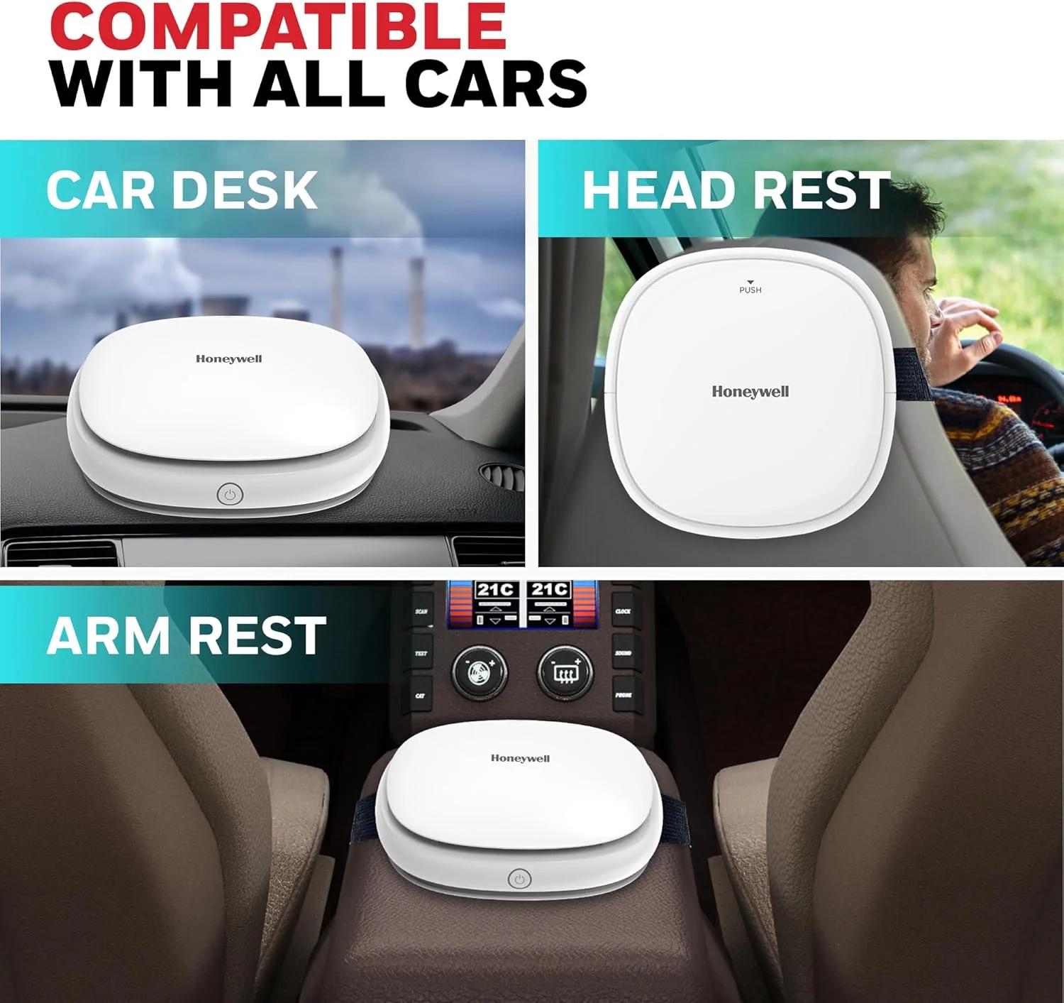 دستگاه تصفیه هوای خودرو Honeywell Move Pure 3. دارای فیلتر HEPA و یونیزر با قابلیت حذف 99.9% آلاینده ها، آلرژی ها/آلرژی های حیوانات خانگی، گرد و غبار، دود، CADR تا 24 متر مکعب در ساعت. دارای 3 پورت USB برای شارژ