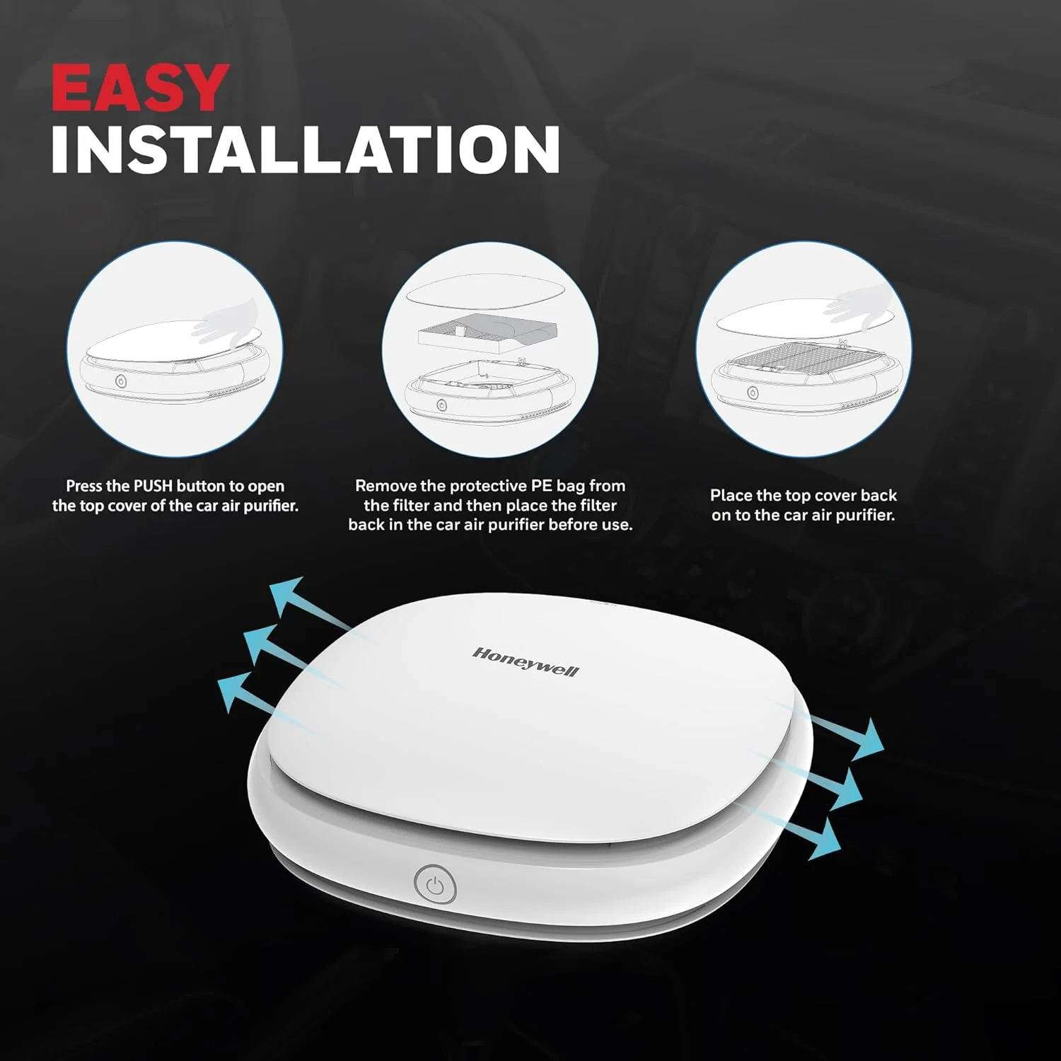 دستگاه تصفیه هوای خودرو Honeywell Move Pure 3. دارای فیلتر HEPA و یونیزر با قابلیت حذف 99.9% آلاینده ها، آلرژی ها/آلرژی های حیوانات خانگی، گرد و غبار، دود، CADR تا 24 متر مکعب در ساعت. دارای 3 پورت USB برای شارژ