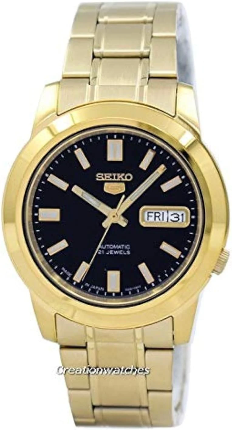 ساعت مچی مردانه سیکو SNKK22j1 با صفحه مشکی، روکش طلایی و بند استیل