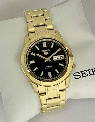 ساعت مچی مردانه سیکو SNKK22j1 با صفحه مشکی، روکش طلایی و بند استیل