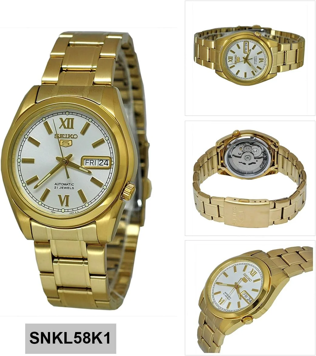 ساعت مچی مردانه سیکو SNKL58 Seiko 5 با قاب و بند استیل طلایی و صفحه سفید با نمایشگر روز و تاریخ ساعت مچی مردانه سیکو SNKL58 Seiko 5 با قاب و بند استیل طلایی و صفحه سفید با نمایشگر روز و تاریخ