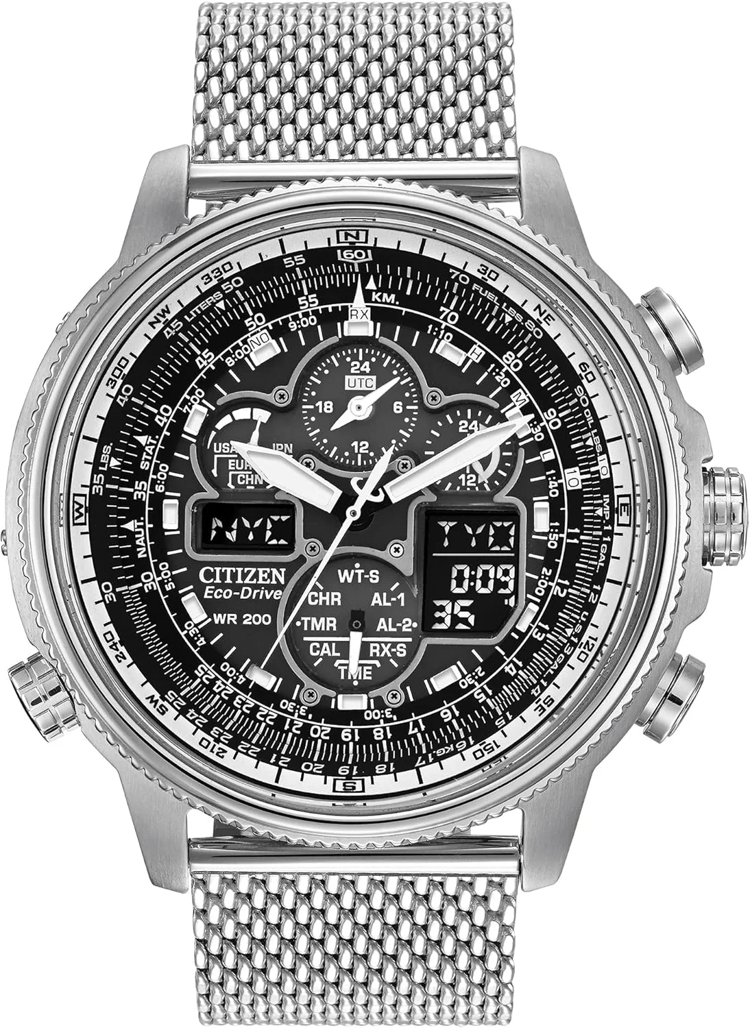 ساعت مچی خلبانی مردانه سیتیزن Promaster Navihawk A-T Eco-Drive، زمان‌سنجی اتمی، کرنوگراف، نشانگر ذخیره انرژی، عقربه‌ها و نشانگرهای شب‌تاب، شیشه ضد انعکاس