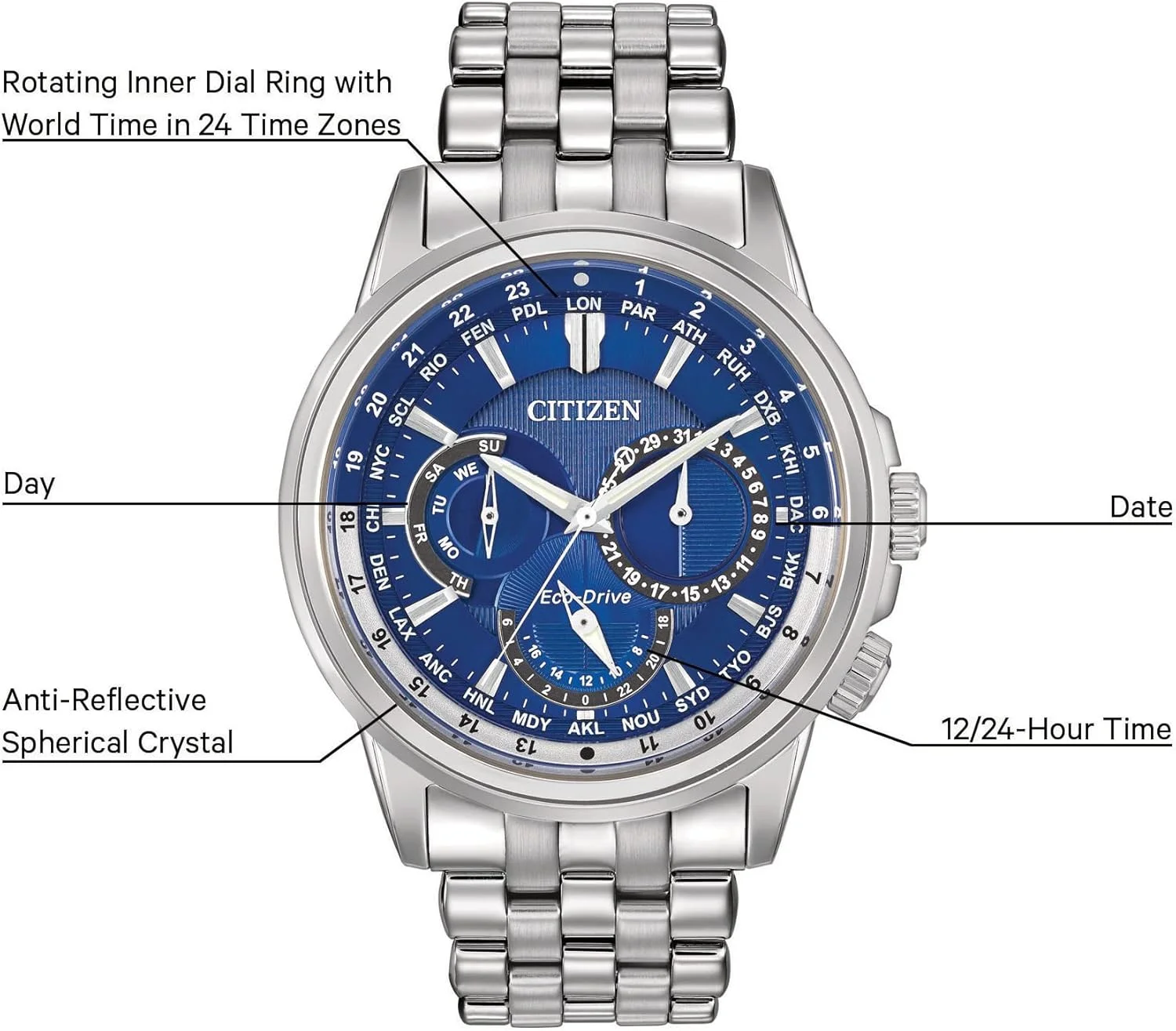 ساعت مچی مردانه کلاسیک Calendrier Citizen با موتور اکو-درایو، نمایش 12/24 ساعته، نمایشگر 3 عقربه روز و تاریخ، شیشه معدنی ضد انعکاس نور، عقربه های شب تاب ساعت مچی مردانه کلاسیک Calendrier Citizen با موتور اکو-درایو، نمایش 12/24 ساعته، نمایشگر 3 عقربه روز و تاریخ، شیشه معدنی ضد انعکاس نور، عقربه های شب تاب