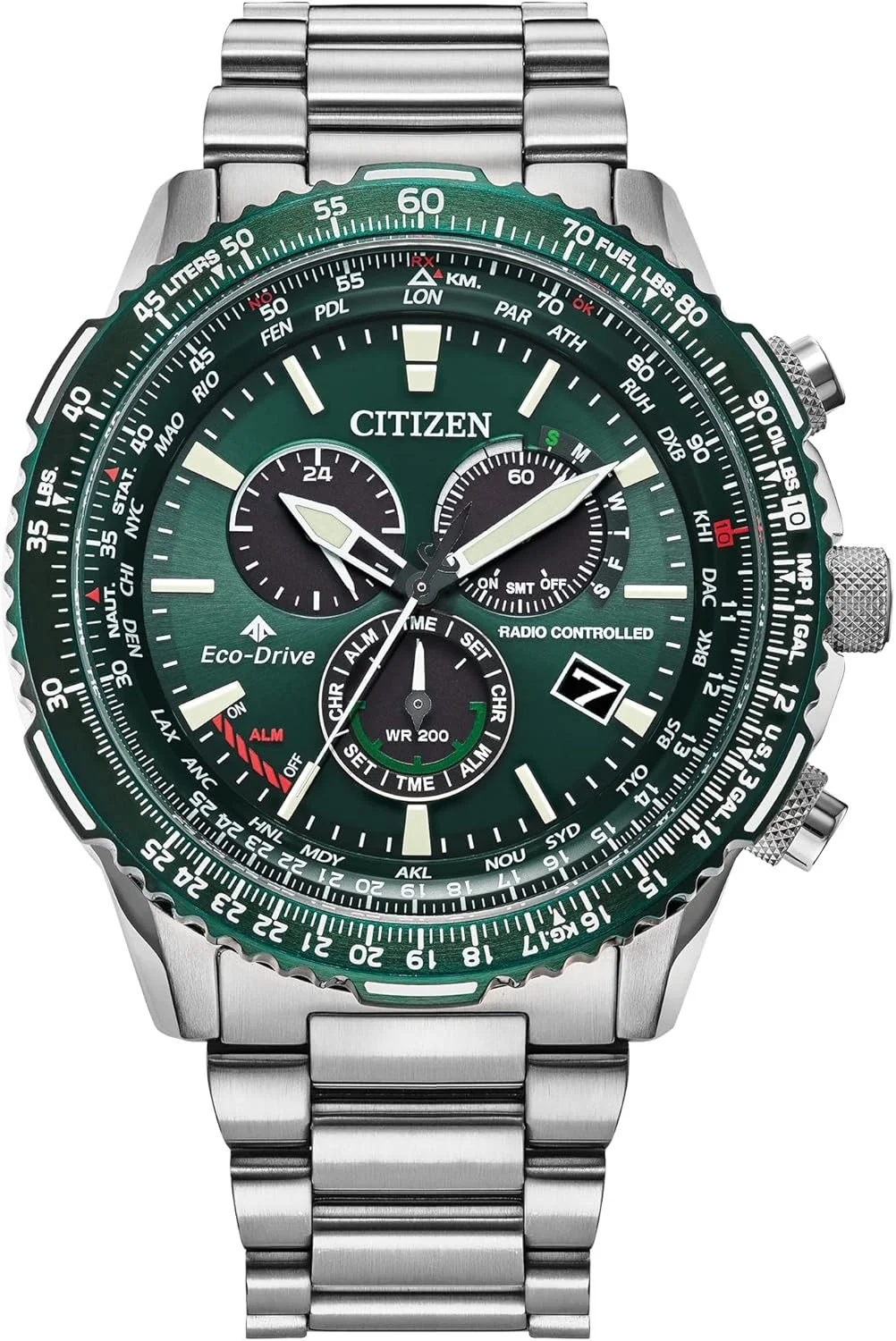ساعت مچی مردانه سیتیزن Promaster Air Eco-Drive Pilot Chronograph، فناوری زمان‌سنجی اتمی، نمایش زمان 12/24 ساعته، نشانگر ذخیره انرژی، عقربه‌ها و نشانگرهای شب‌تاب، شیشه سافایر