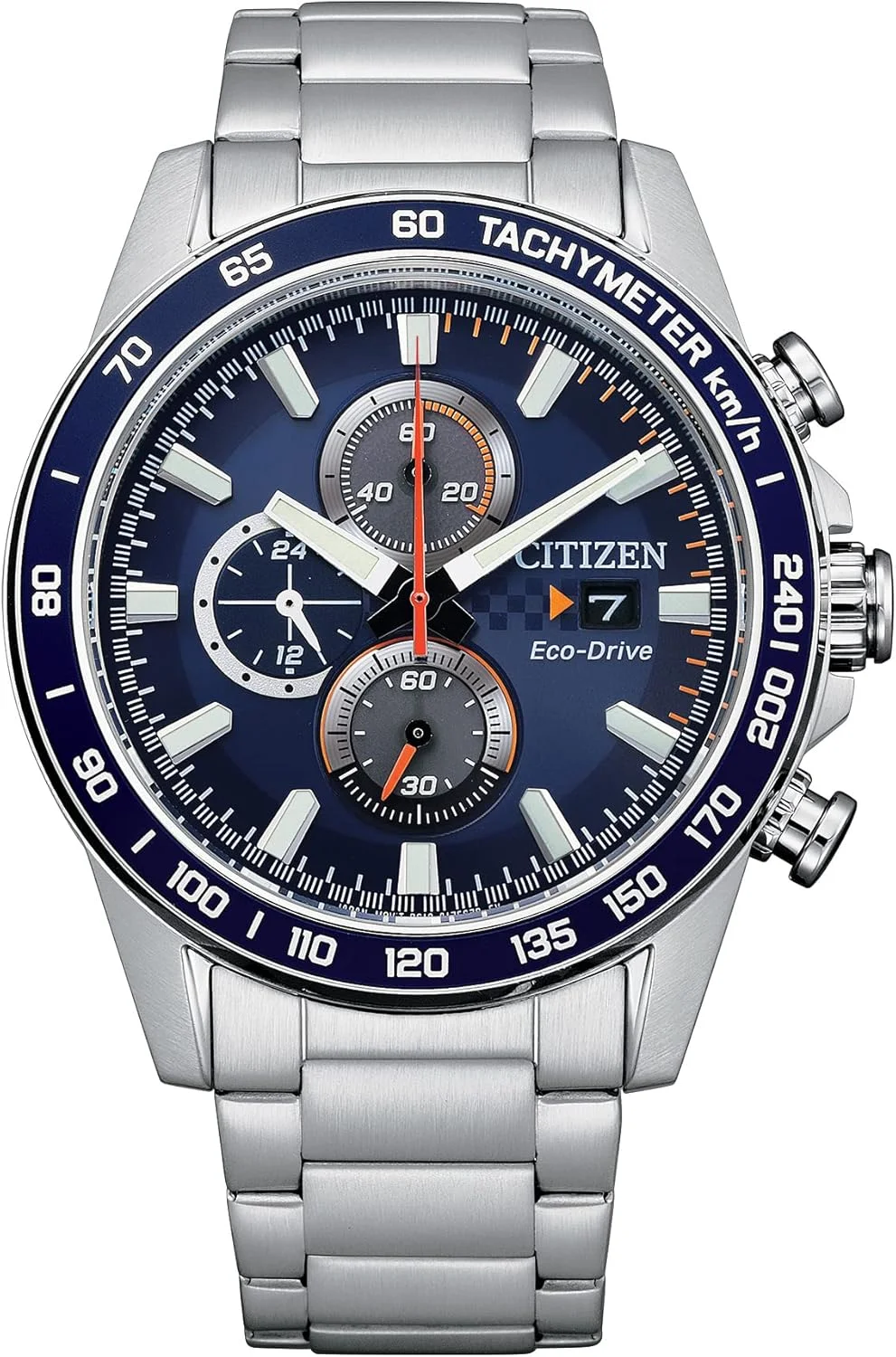 ساعت مچی مردانه سیتیزن مدل Brycen Eco-Drive کرنوگراف استیل ضد زنگ، نمایش 12/24 ساعته، تاریخ، تاچیمتر، مقاوم در برابر آب تا 100 متر، شیشه معدنی کروی، مناسب استفاده روزمره و ورزشی