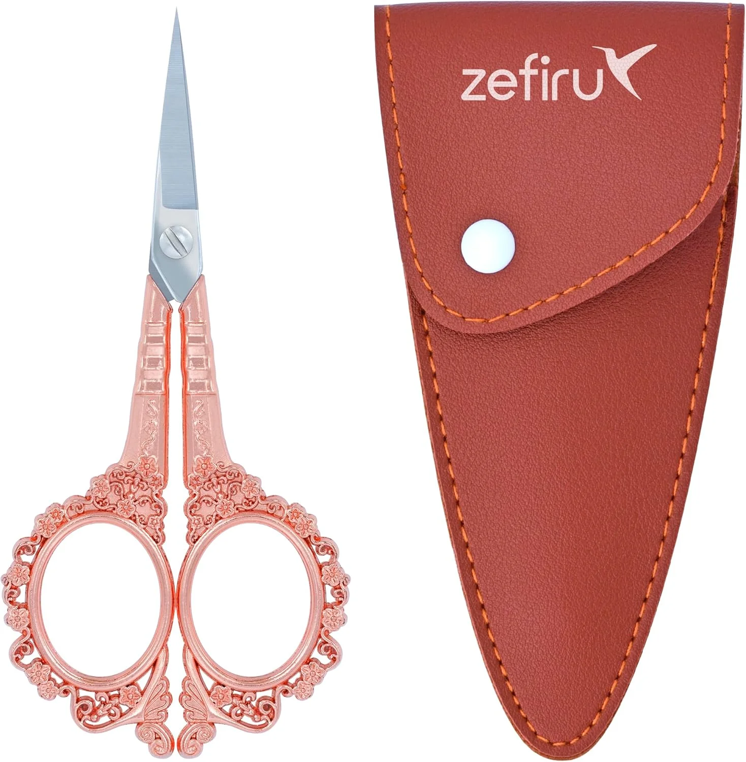 قیچی کوچک زفیرو با غلاف - قیچی گلدوزی، کوک ضربدری و خیاطی - قیچی صورتی - قیچی نوک ظریف - قیچی دقیق - استیل ضد زنگ و روی - (رنگ: رزگلد)