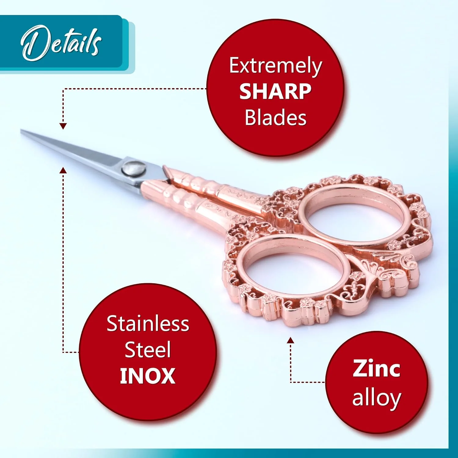 قیچی کوچک زفیرو با غلاف - قیچی گلدوزی، کوک ضربدری و خیاطی - قیچی صورتی - قیچی نوک ظریف - قیچی دقیق - استیل ضد زنگ و روی - (رنگ: رزگلد)