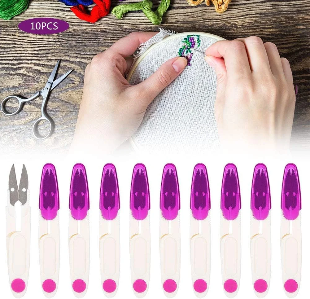 قیچی نخ چین YBWL بسته 10 عددی، قیچی خیاطی چند منظوره U شکل با پوشش محافظ برای مسافرت، خیاطی، ماهیگیری، گلدوزی لباس
