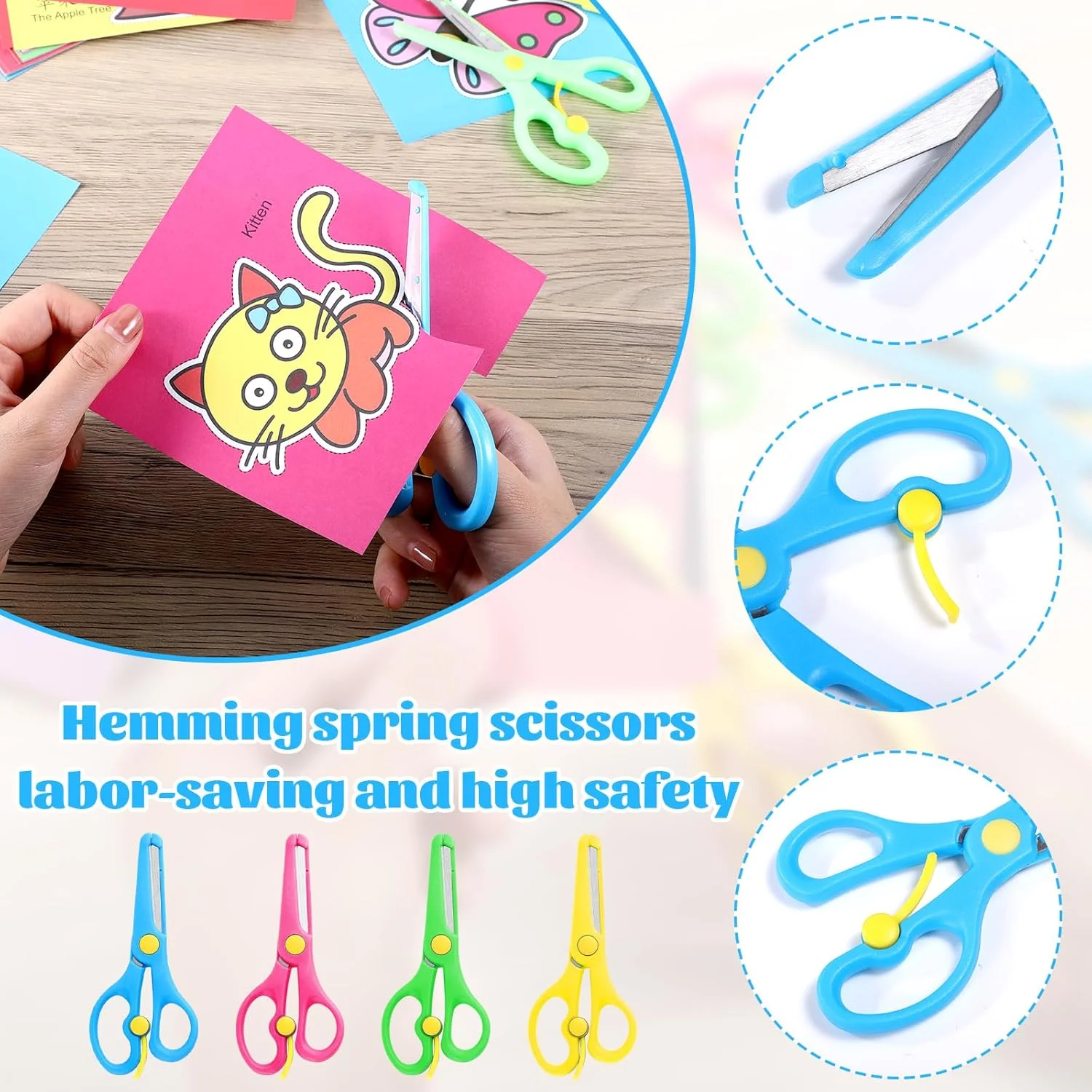قیچی کودکانه یافه 4 عددی، قیچی ایمنی استیل ضد زنگ کودکان، لبه ایمنی به همراه طراحی فنری، قیچی چپ دست برای اسکرپ بوک، هنر DIY، برش کاغذ صنایع دستی (همراه با 96 عدد کاغذ برش حیوانات)