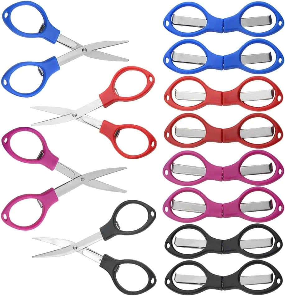 قیچی تاشو XINMEIWEN بسته 12 عددی، قیچی مسافرتی قابل حمل، قیچی خیاطی کوچک استیل ضد زنگ برای استفاده در خانه، محل کار و مسافرت (4 رنگ/ پلاستیکی)