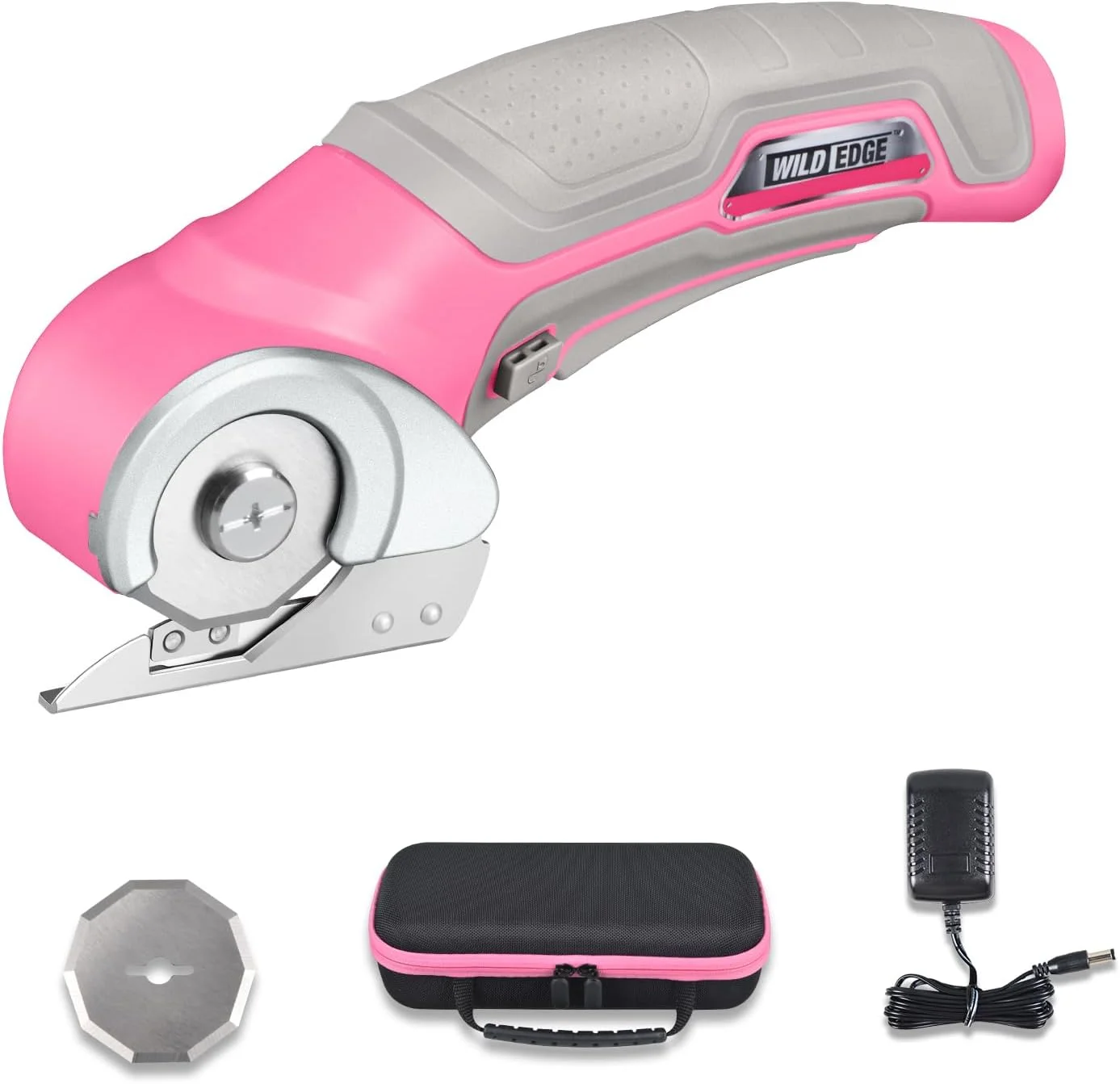 قیچی برقی شارژی وایرلس وایلد ادج برای بانوان، کاتر مقوایی صورتی با باتری 4 ولت با ظرفیت بالا، شارژر سریع، کیف نگهداری، 2 تیغه، جعبه بازکن برقی برای مقوا، فرش، پلاستیک، چرم