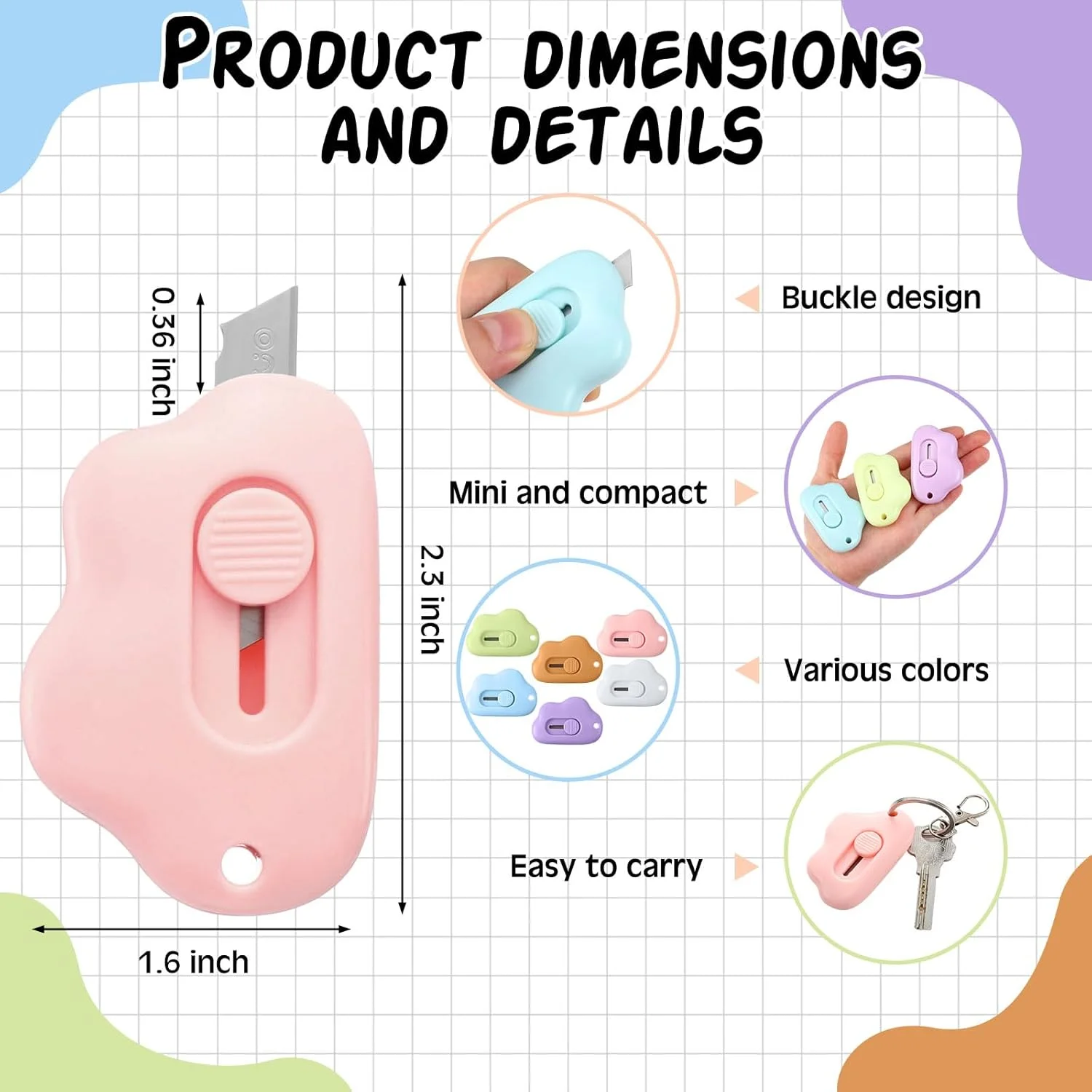 ویلباند 36 عدد قیچی چند منظوره عمده و کاتر جعبه ای جیبی جمع شونده کوچک طرح ابر و گل، مناسب برای لوازم اداری، منزل، مدرسه، خیاطی، پارچه و کاردستی