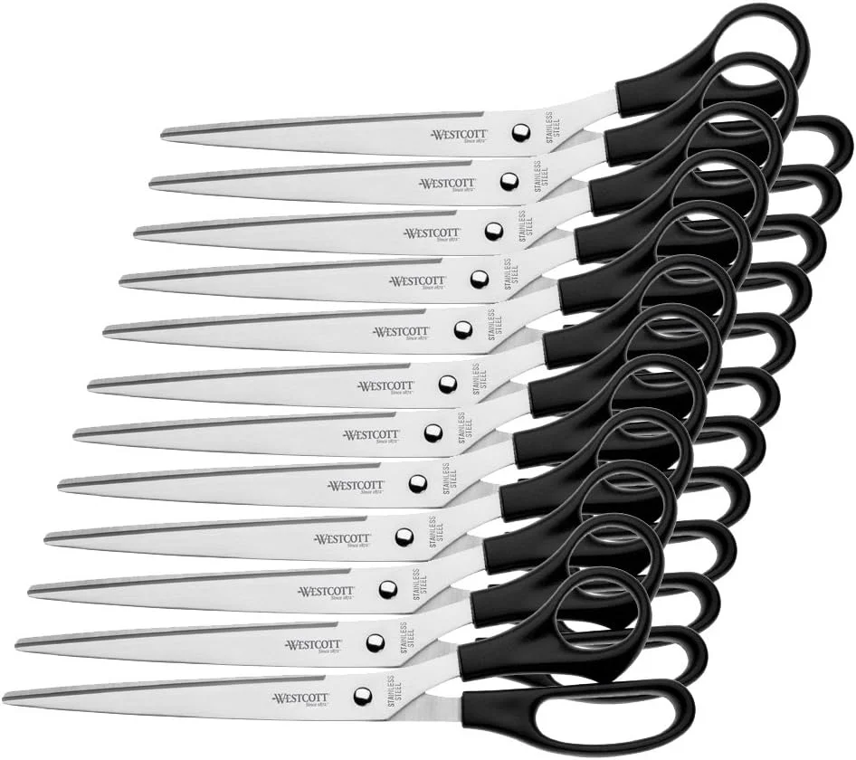 قیچی اداری وستکات E-31111 00، تیغههای استیل ضد زنگ و دستههای پلاستیکی مشکی، بسته 12 عددی، 26 سانتیمتر قیچی اداری وستکات E-31111 00، تیغههای استیل ضد زنگ و دستههای پلاستیکی مشکی، بسته 12 عددی، 26 سانتیمتر