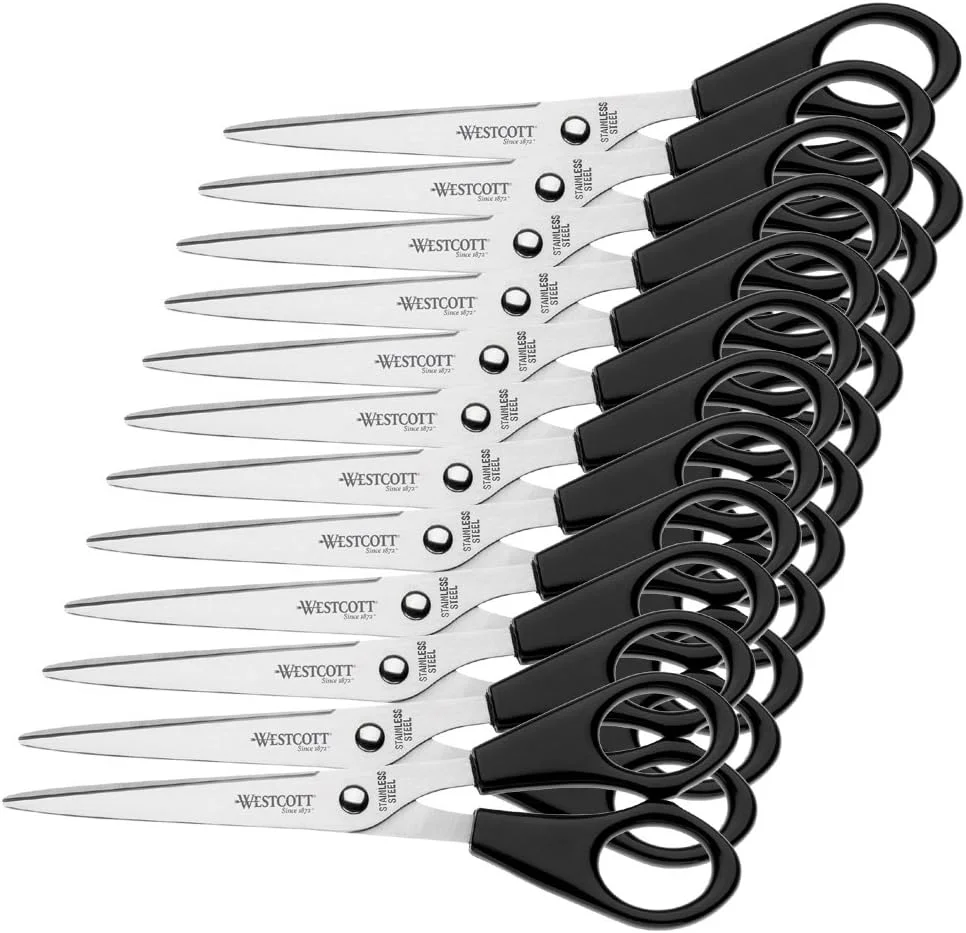 قیچی اداری وستکات E-31160 00 با تیغه های استیل ضد زنگ و دسته های پلاستیکی مشکی، 15.5 سانتی متر، مجموعه 12 عددی