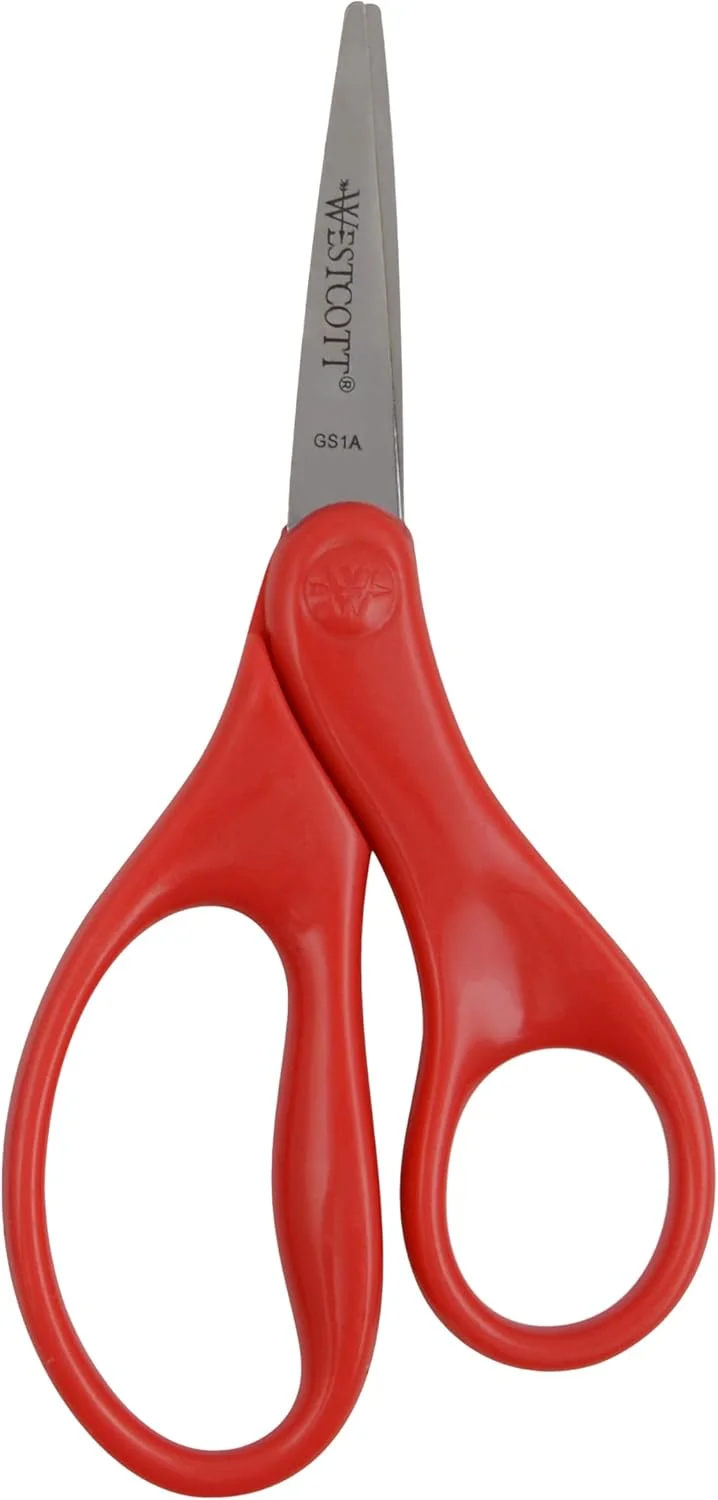 قیچی نوک تیز 5 اینچی وستcott برای کودکان 6 تا 8 سال - قیچی بادوام مدرسه یا کاردستی در رنگ های متنوع قرمز یا آبی