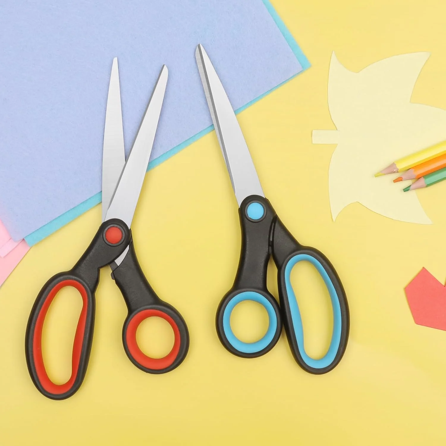 قیچی چپ دست Vutyvve، قیچی 8 اینچی چپ دست با دسته نرم برای خانه، مدرسه، اداره، خیاطی پارچه، قرمز/آبی، بسته 2 عددی