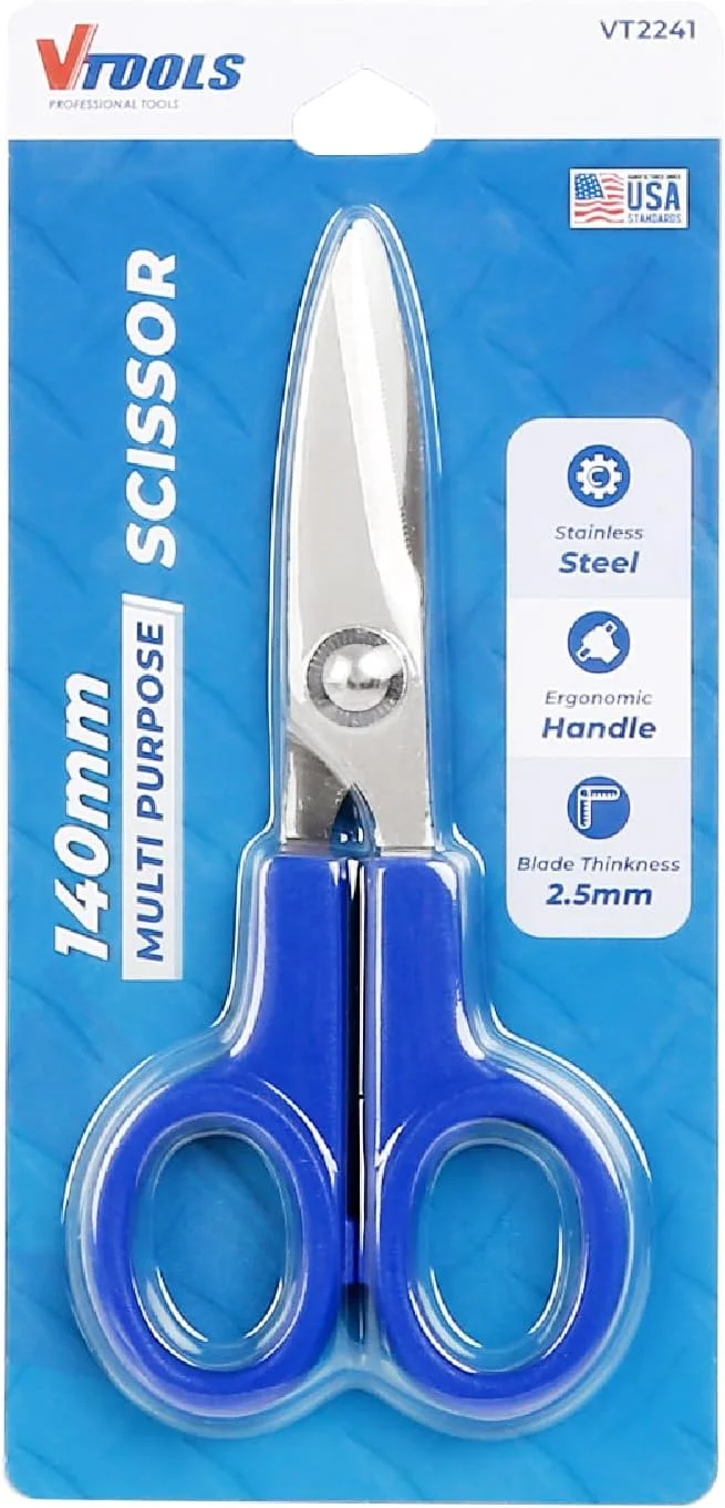 قیچی چند منظوره 140 میلی متری VTOOLS با دسته ABS، قیچی تیغه استیل ضد زنگ با دستگیره راحت، ایده آل برای کاردستی، دفتر، مدرسه، خیاطی، آبی، VT2241