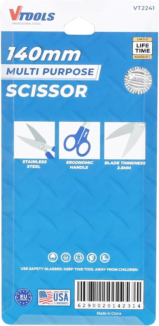 قیچی چند منظوره 140 میلی متری VTOOLS با دسته ABS، قیچی تیغه استیل ضد زنگ با دستگیره راحت، ایده آل برای کاردستی، دفتر، مدرسه، خیاطی، آبی، VT2241