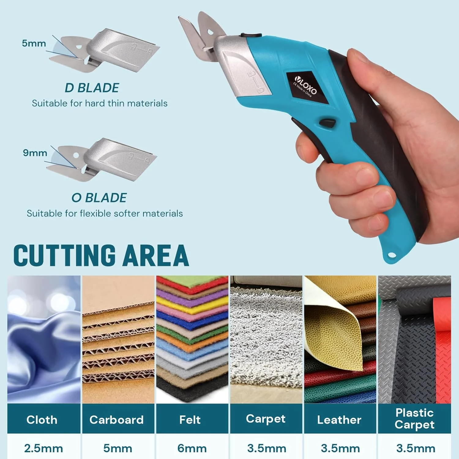 قیچی برقی شارژی VLOXO، کاتر برقی جعبه با 2 نوع تیغه، قیچی شارژی قابل شارژ، ابزار برش قدرتمند، کاتر مقوا برای پارچه، مقوا، فرش، چرم، نمد - آبی