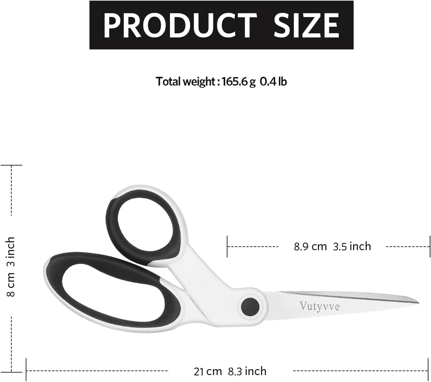 قیچی پارچه بری چپ دست Vutyvve، ست 2 عددی قیچی استیل ضد زنگ 8 اینچی با دسته نرم برای خانه، مدرسه، دفتر، خیاطی پارچه، سفید/مشکی