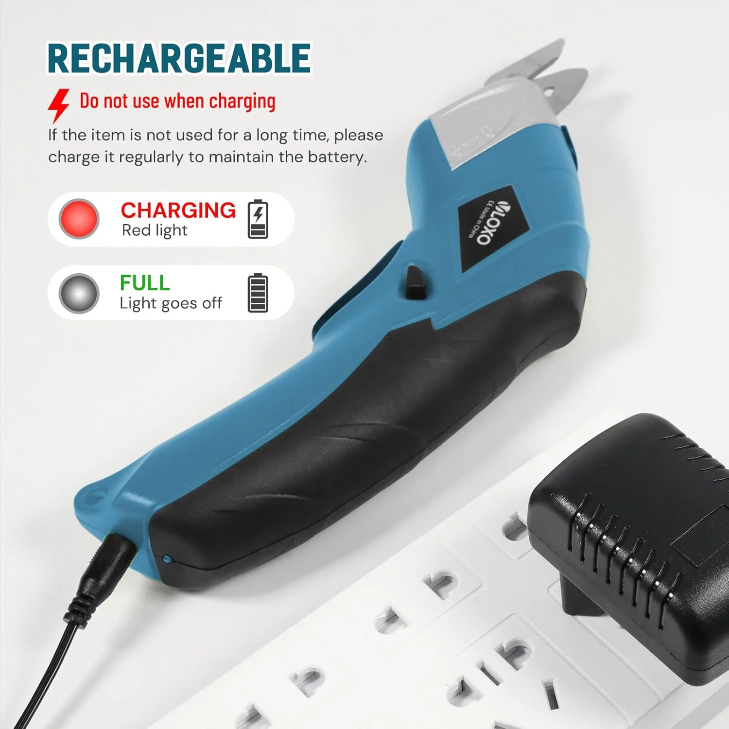 قیچی برقی شارژی VLOXO، کاتر برقی جعبه با 2 نوع تیغه، قیچی شارژی قابل شارژ، ابزار برش قدرتمند، کاتر مقوا برای پارچه، مقوا، فرش، چرم، نمد - آبی